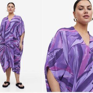 H&M Kaftan Purple Print Dress Oversize Fit Front Button Boho Resort Wear NEW